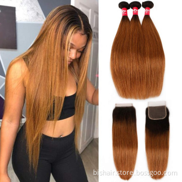 Brazilian straight hair 3 drawstring hair block 1B/30 8A gradient braided drawstring lace closed gradient color hair extension
